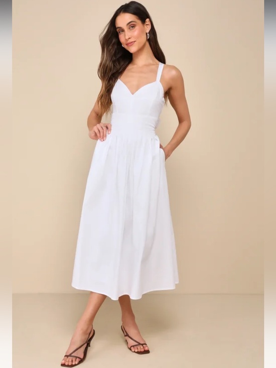 Lulus Dresses & Skirts - LULU's Casual White Summer Bridal Honeymoon Vacation Midi Dress Pockets NWT L